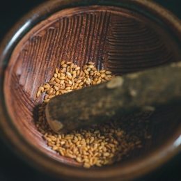 Sesame seeds in grinding bowl